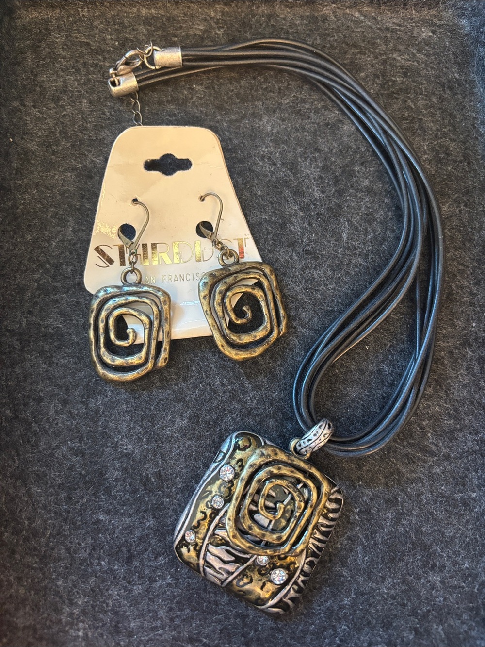 Gold-Tone Spiral Square Pendant Necklace with Matching Earrings - Black Cord
